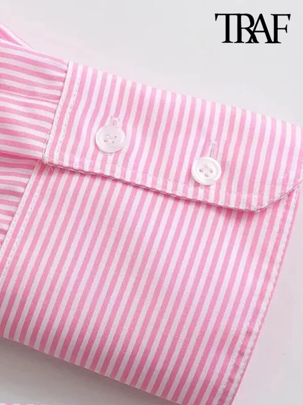 TRAF svītraini brīvi krekli ar kabatu sievietēm, garām piedurknēm, pogām blūzes, eleganti topi, sieviešu mode