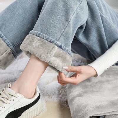 Blugi versatili, cu talie înaltă, căptușiți cu fleece, îngroșați, cu picioare drepte, pentru femei mici, care slăbesc, pantaloni caldi de denim lejer