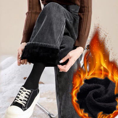 Универсални удебелени дънки с поларена подплата с висока талия и прави крачоли за дребни жени Свободни топли дънкови панталони за отслабване