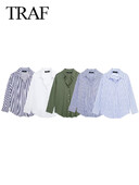 TRAF Sieviešu ikdienas svītraini krekli ar V kakla izgriezumu ar garām piedurknēm lielizmēra biroja sieviešu krekli 2024. gada pavasara vasaras blūzes Tops