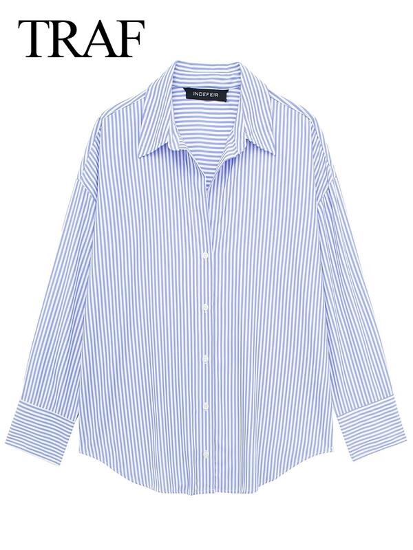 TRAF Sieviešu ikdienas svītraini krekli ar V kakla izgriezumu ar garām piedurknēm lielizmēra biroja sieviešu krekli 2024. gada pavasara vasaras blūzes Tops