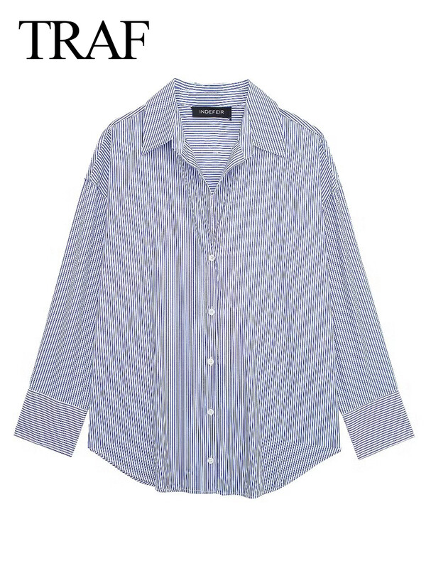 TRAF Sieviešu ikdienas svītraini krekli ar V kakla izgriezumu ar garām piedurknēm lielizmēra biroja sieviešu krekli 2024. gada pavasara vasaras blūzes Tops