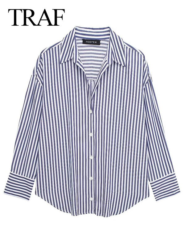 TRAF Sieviešu ikdienas svītraini krekli ar V kakla izgriezumu ar garām piedurknēm lielizmēra biroja sieviešu krekli 2024. gada pavasara vasaras blūzes Tops