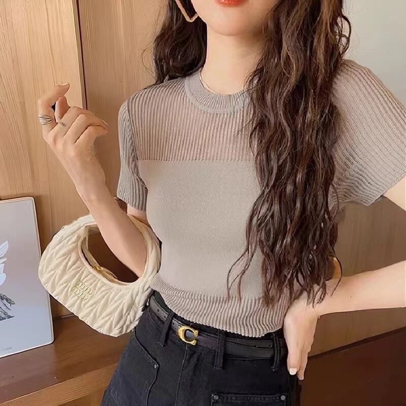 2024. gada jauns sieviešu plāns trikotāžas krekls, vasaras modes vienkrāsains, izliekts, elegants, šaurs, apaļš kakla T-kreklu tops