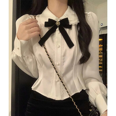 Fehér masnis ingek Női Sweet Preppy Kawaii csipke patchwork blúzok Lolita Koreai Elegáns Peter Pan gallérral hosszú ujjú Crop felsők