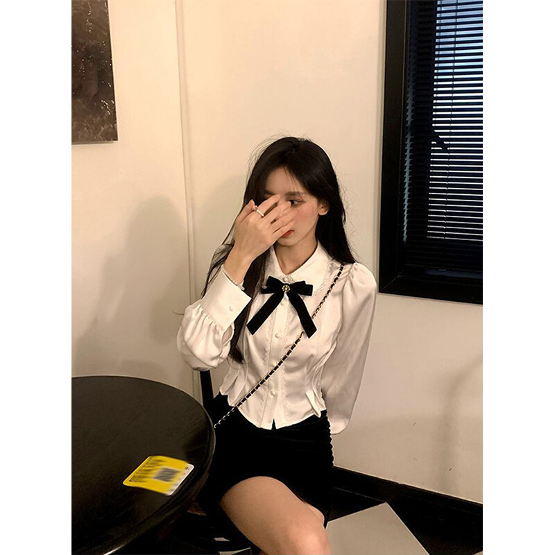 Balts Bow krekli Sieviešu Sweet Preppy Kawaii Mežģīnes Patchwork Blūzes Lolita Korejiešu Eleganta Peter Pan apkakle ar garām piedurknēm Crop Tops