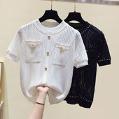 2022. gada vasaras ikdienišķa poga, plāns trikotāžas T krekls Sieviešu izliekts t-krekls Sieviešu topi T krekli Sieviešu T krekls Sieviete Apģērbs Balts