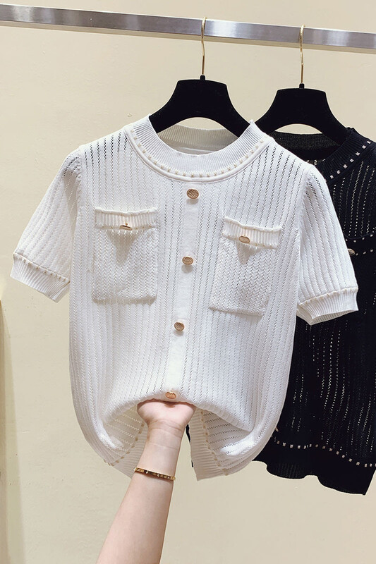 2022. gada vasaras ikdienišķa poga, plāns trikotāžas T krekls Sieviešu izliekts t-krekls Sieviešu topi T krekli Sieviešu T krekls Sieviete Apģērbs Balts