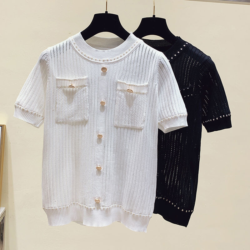 2022. gada vasaras ikdienišķa poga, plāns trikotāžas T krekls Sieviešu izliekts t-krekls Sieviešu topi T krekli Sieviešu T krekls Sieviete Apģērbs Balts