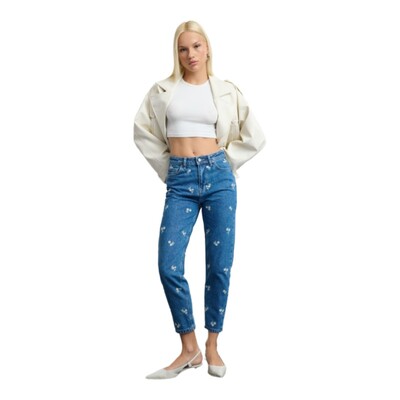 Trendyol TYZA Blugi de damă, fără curele, denim simplu, fără buzunar, casual, cu picioare drepte, pantaloni casual, denim