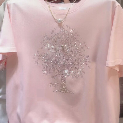 2024 Дамски летни нови модни памучни кръгли деколтета с диаманти, щампани едноцветни свободни ежедневни тениски с къс ръкав, горнища