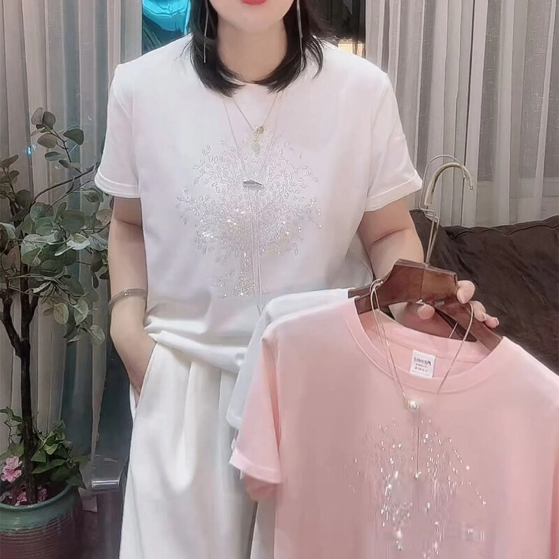 2024 Дамски летни нови модни памучни кръгли деколтета с диаманти, щампани едноцветни свободни ежедневни тениски с къс ръкав, горнища