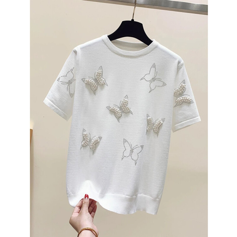 Sieviešu apģērbi Vasaras modes Rhinestone pērlītēm eleganti ledus zīda trikotāžas T-krekls Elegants O Neck Īsām Piedurknēm Brīvi Puloveri Topi