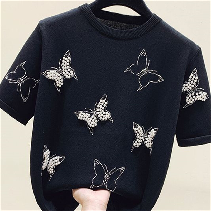 Sieviešu apģērbi Vasaras modes Rhinestone pērlītēm eleganti ledus zīda trikotāžas T-krekls Elegants O Neck Īsām Piedurknēm Brīvi Puloveri Topi