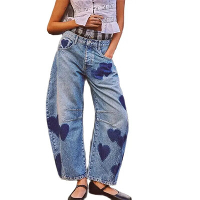 2024 Fashion Love Print Decorație Pantaloni Denim Femei Blugi largi drepte Femei Casual Pantaloni cu talie Midi New Trend Streetwear