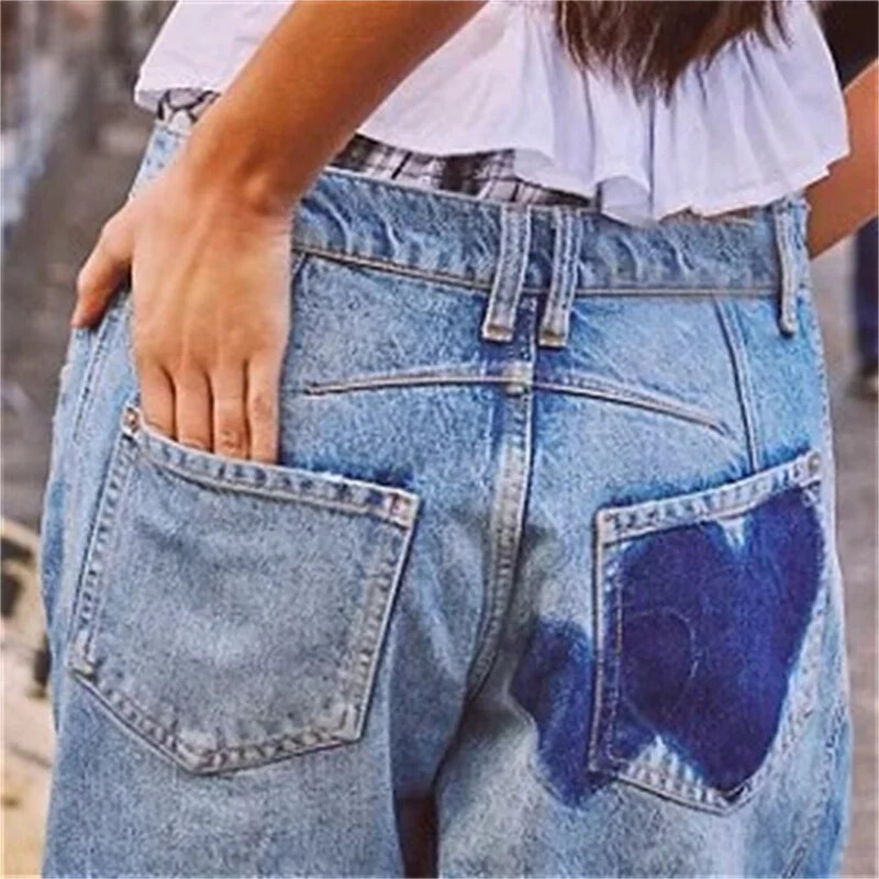 2024 Fashion Love Print Decoration Denim Pants Дамски широки прави дънки Женски ежедневни панталони с миди талия Нова тенденция Streetwear