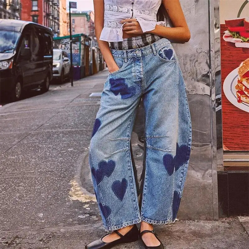 2024 Fashion Love Print Decoration Denim Pants Дамски широки прави дънки Женски ежедневни панталони с миди талия Нова тенденция Streetwear