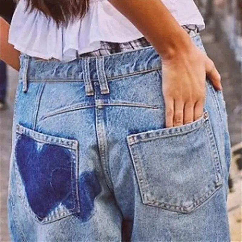 2024 Fashion Love Print Decoration Denim Pants Дамски широки прави дънки Женски ежедневни панталони с миди талия Нова тенденция Streetwear