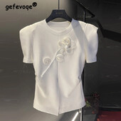 Sieviešu apģērbi 2024. gada jauns vasaras elegants, elegants, balts 3D puķu krelles dizaina T-krekls ar īsām piedurknēm, šauras, sadalītas