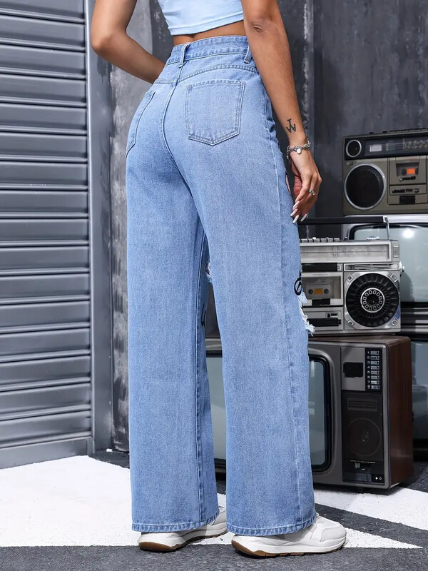 Дамски дънки с копчета и пеперуди с висока талия Модни ежедневни прави панталони за жени Пролет Лято 2024 Шикозни скъсани дънки