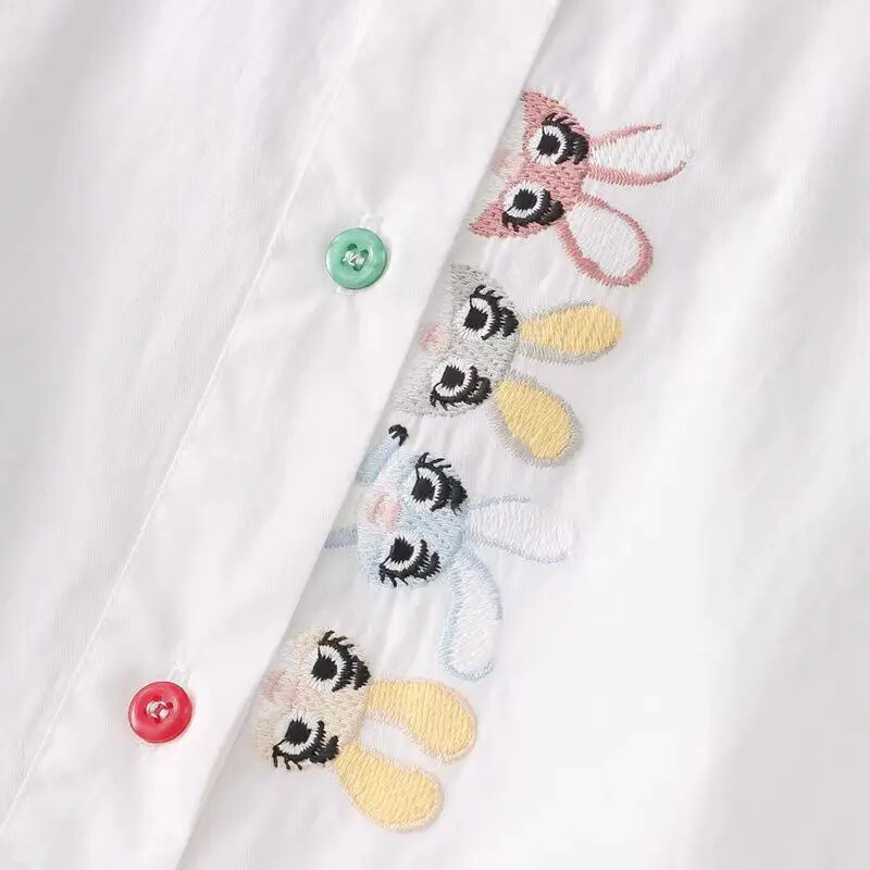 Sieviešu pavasara rudens stila blūzes krekli Sieviešu ikdiena ar garām piedurknēm, nolaižamām piedurknēm, karikatūras izšuvumiem blusas topi