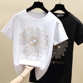 New Fashion Ins Hot Rhinestone brīvs T-krekls sievietēm 2023 Summer Small Margrietiņa ar īsām piedurknēm saules ziedu kokvilnas kreklu augšdaļa