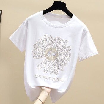 Нова мода Ins Hot Rhinestone Свободна тениска Дамска тениска 2023 Summer Small Daisy Short Sleeve Sun Flower Cotton Tshirt Top