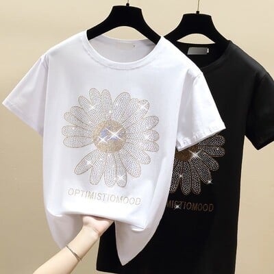 New Fashion Ins Hot Strass Tricou Lejer Femei 2023 Vară Mic Daisy Mânecă scurtă Sun Flower Bumbac Tricou Top