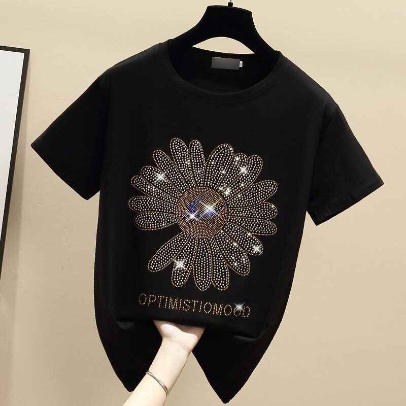 New Fashion Ins Hot Rhinestone brīvs T-krekls sievietēm 2023 Summer Small Margrietiņa ar īsām piedurknēm saules ziedu kokvilnas kreklu augšdaļa