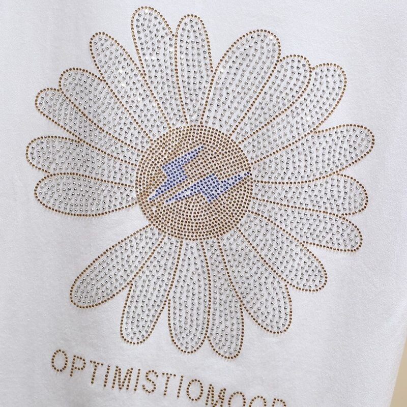 New Fashion Ins Hot Rhinestone brīvs T-krekls sievietēm 2023 Summer Small Margrietiņa ar īsām piedurknēm saules ziedu kokvilnas kreklu augšdaļa