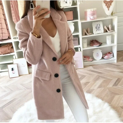 Costum de navetă de toamnă pentru femei, guler, lungime medie, la modă, la modă, la două piept, haină de lână, de culoare uni, haină elegantă pentru femei