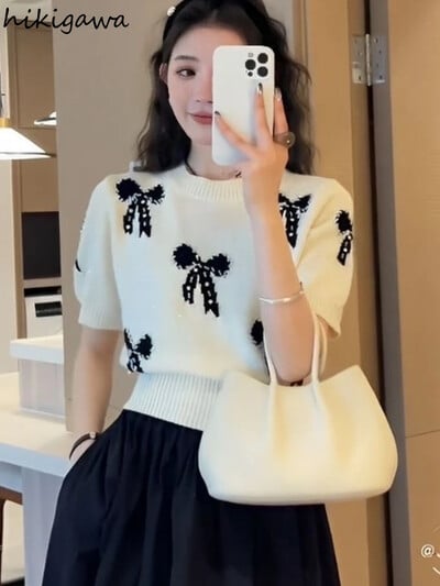 Sweet Jumper Korea Mood lühikeste varrukatega pulloverid Naiste riided O-kaelusega Bow Pull Femme vabaaja kootud kärbitud kampsuntopid