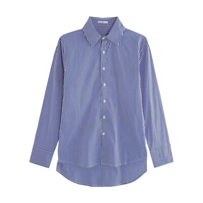 2024. gada jauns sieviešu ikdienas krekls, ērts, vienkāršs svītrains zili balts klasisks retro pavasara un rudens tops ar garām piedurknēm