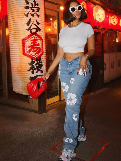 Ziedu apdruka Džinsi Stretch Pencil Bikses Seksīgas sievietes ar augstu vidukli Eleganti ielas apģērbi Džinsu ikdienas bikses