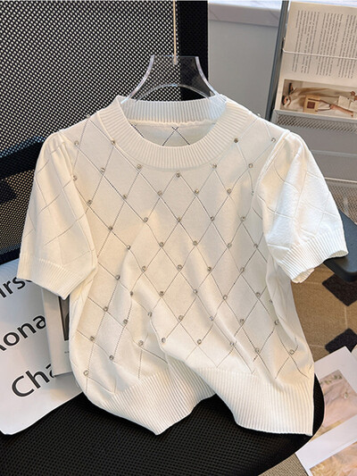 SMTHMA džemperis Sieviešu ielas modes džemperis 2024, jauns apaļš kakla izgriezums ar īsām piedurknēm ar dimanta šiks ģeometrijas trikotāžas topiņu