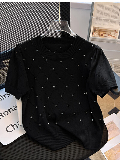 SMTHMA džemperis Sieviešu ielas modes džemperis 2024, jauns apaļš kakla izgriezums ar īsām piedurknēm ar dimanta šiks ģeometrijas trikotāžas topiņu