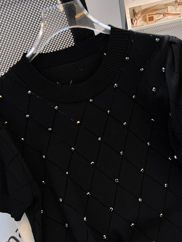 SMTHMA džemperis Sieviešu ielas modes džemperis 2024, jauns apaļš kakla izgriezums ar īsām piedurknēm ar dimanta šiks ģeometrijas trikotāžas topiņu