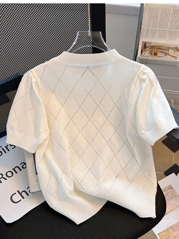 SMTHMA džemperis Sieviešu ielas modes džemperis 2024, jauns apaļš kakla izgriezums ar īsām piedurknēm ar dimanta šiks ģeometrijas trikotāžas topiņu