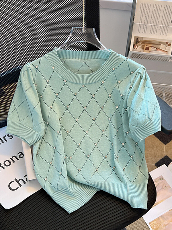 SMTHMA džemperis Sieviešu ielas modes džemperis 2024, jauns apaļš kakla izgriezums ar īsām piedurknēm ar dimanta šiks ģeometrijas trikotāžas topiņu
