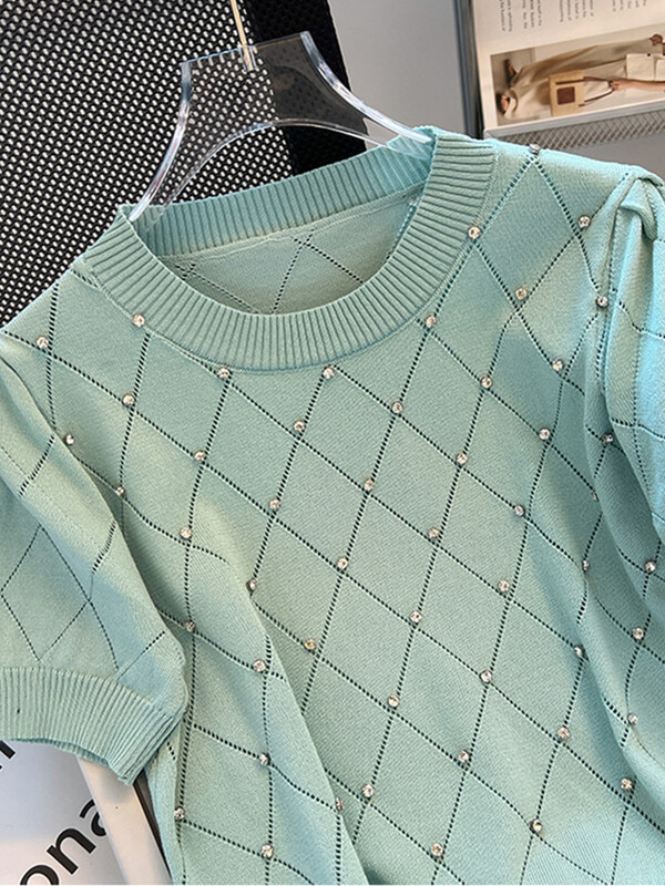 SMTHMA džemperis Sieviešu ielas modes džemperis 2024, jauns apaļš kakla izgriezums ar īsām piedurknēm ar dimanta šiks ģeometrijas trikotāžas topiņu
