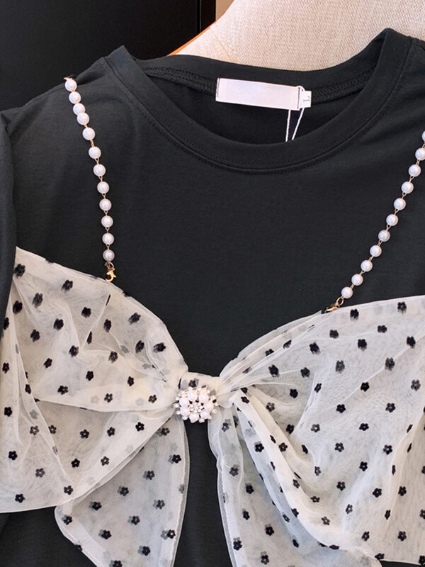 2024. aasta suvevintage vabaaja stiilis ümmargune kaelus, puhvis varrukatega lapitehnikas T-särgid naistele, šifoonist vaba vibu kaunistusega T-särgid