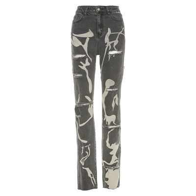 Sifreyr Casual Ripped Hole Teksad Naiste Mood Hall Print Kõrge Vöökoht Denim Kitsad Püksid Tänavarõivad Alumised Y2K virnastatud püksid