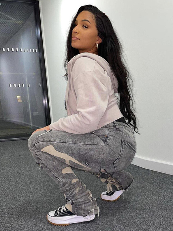 Sifreyr Casual Ripped Hole Teksad Naiste Mood Hall Print Kõrge Vöökoht Denim Kitsad Püksid Tänavarõivad Alumised Y2K virnastatud püksid