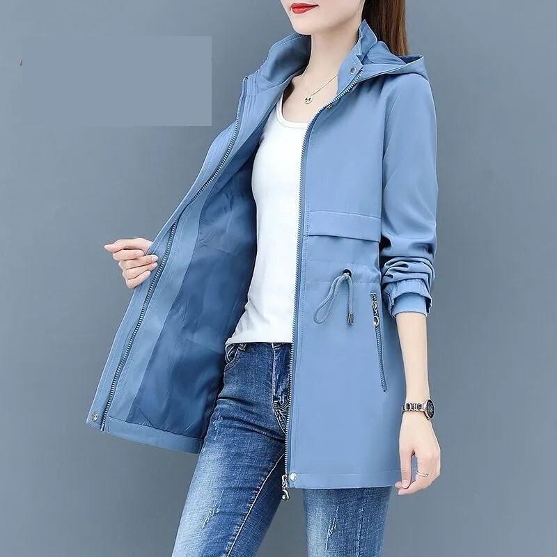 Naiste vabaaja tuulejope Kevad-sügismantel Uus moodne soliidne keskpikk eemaldatav kapuutsiga Trench-mantel Naiste pealisriided M-5XL