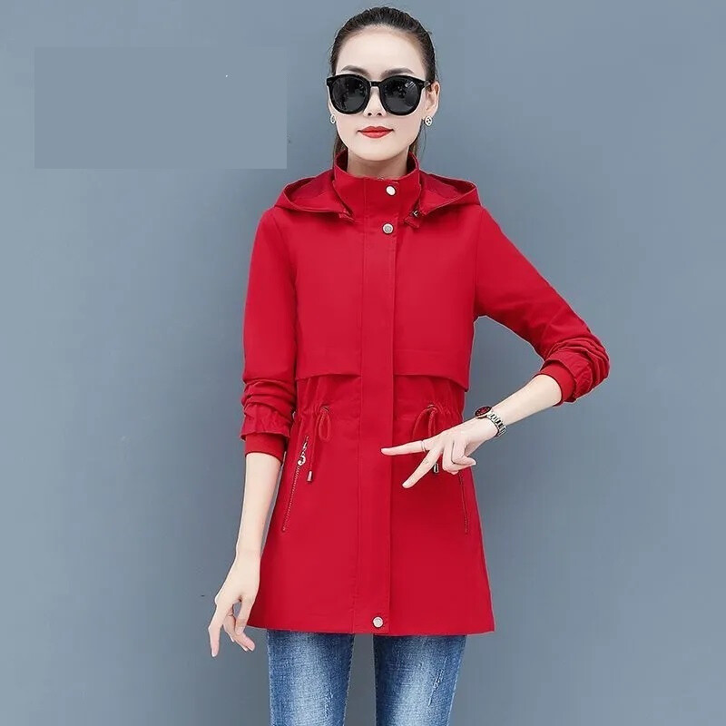 Naiste vabaaja tuulejope Kevad-sügismantel Uus moodne soliidne keskpikk eemaldatav kapuutsiga Trench-mantel Naiste pealisriided M-5XL