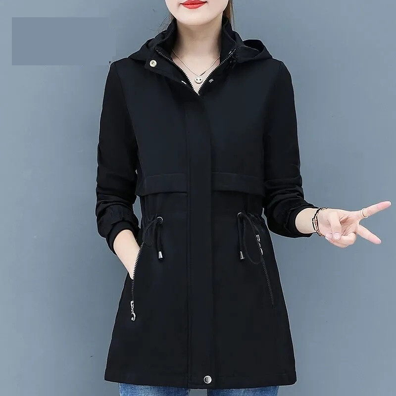 Naiste vabaaja tuulejope Kevad-sügismantel Uus moodne soliidne keskpikk eemaldatav kapuutsiga Trench-mantel Naiste pealisriided M-5XL