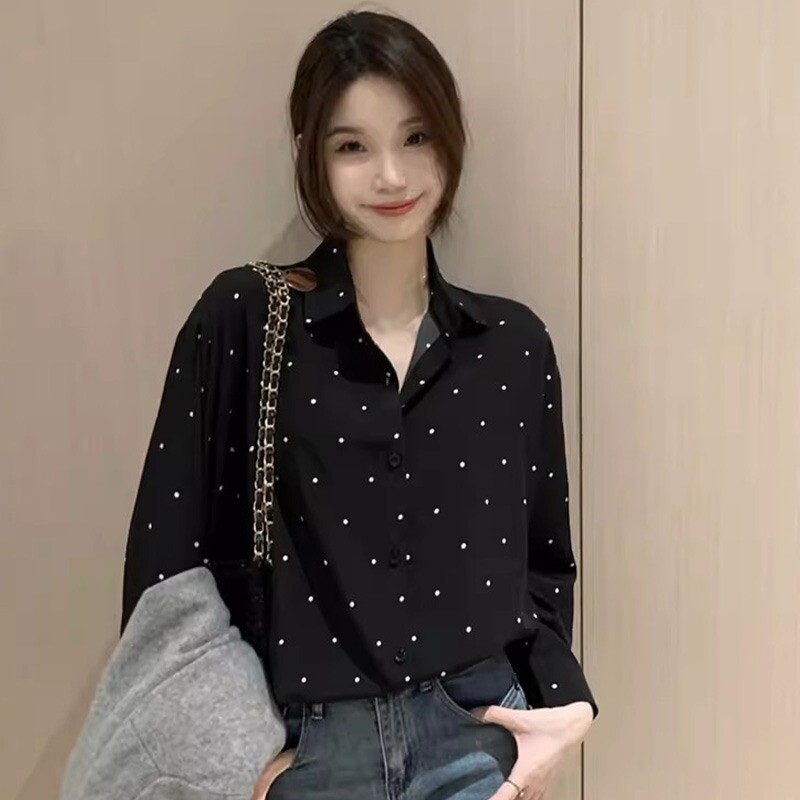 Нова дамска блуза с щампи на точки, дълъг ръкав, широка отложна яка, дамски ризи, топ