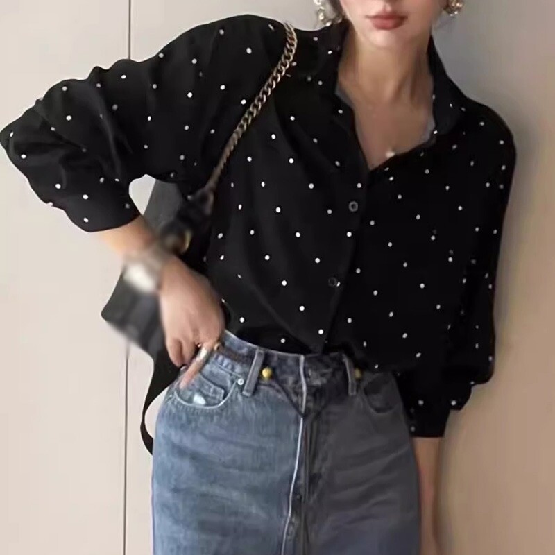 Нова дамска блуза с щампи на точки, дълъг ръкав, широка отложна яка, дамски ризи, топ