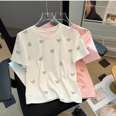 Hétköznapi O-nyakú póló nyári rövid ujjú irodai pamut póló Édes gyémánt masnis felsők Blusas Mujer De Moda
