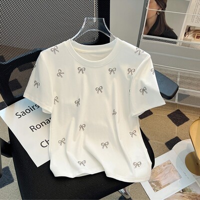 Casual O-kaelusega T-särk Suvine lühikeste varrukatega kontori puuvillane T-särk Magusad teemanttopsid Blusas Mujer De Moda